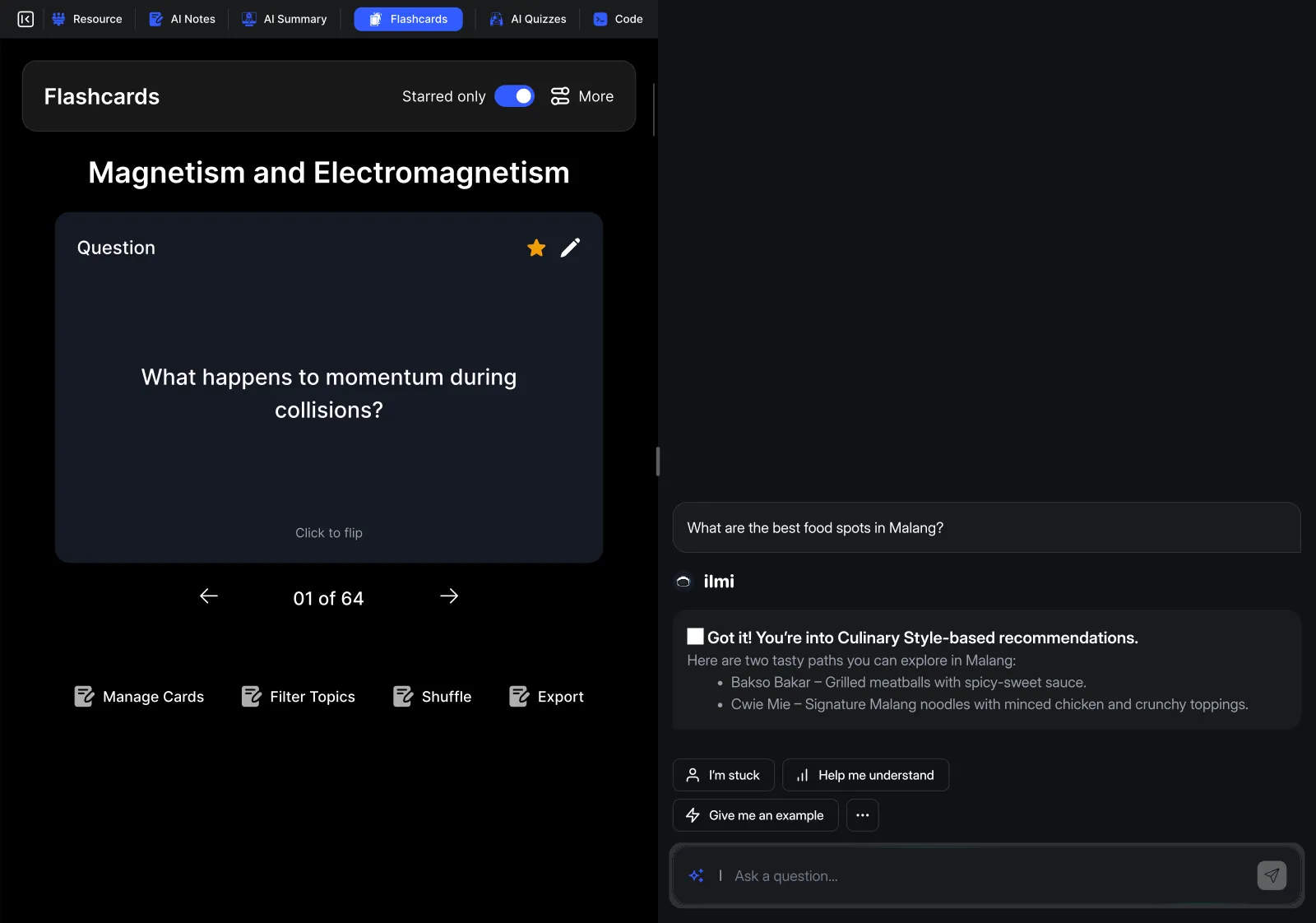 ilmino AI flashcards generated from a student's own work
