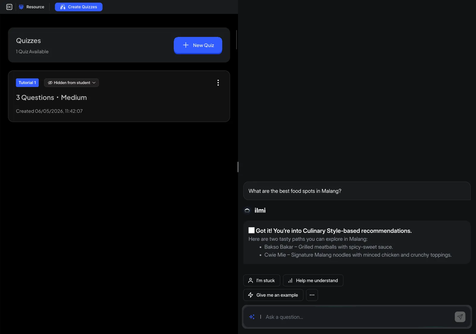 ilmino quiz builder generating exam-style questions from a topic