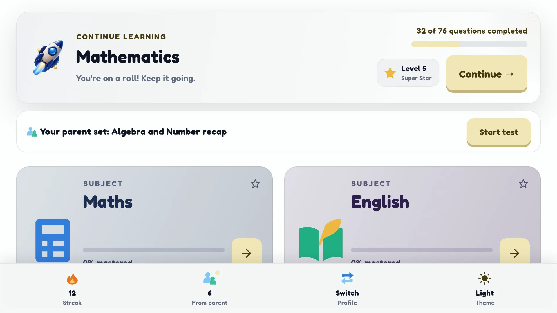 The 11+ home screen with continue learning and a parent-set test