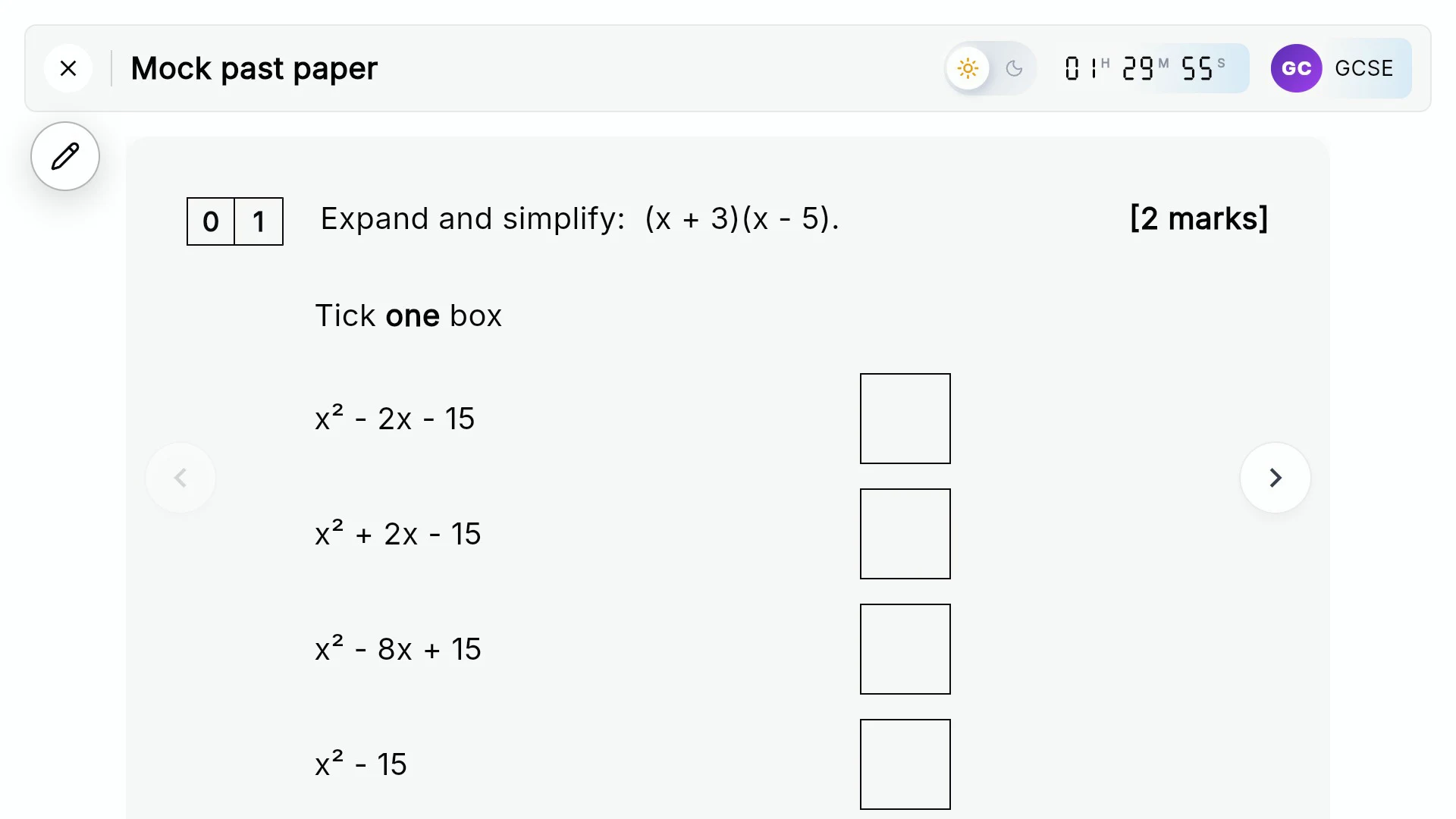 Exam mode: a timed mock past paper with numbered questions and a countdown
