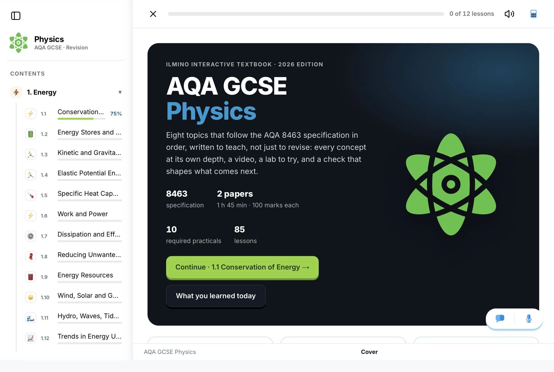 The interactive AQA GCSE Physics textbook: cover page, contents with lesson progress, and the continue button