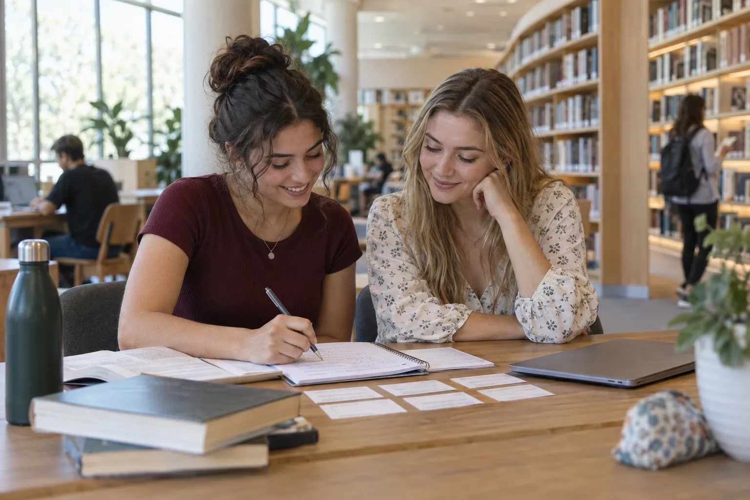 Two friends revising together in a library