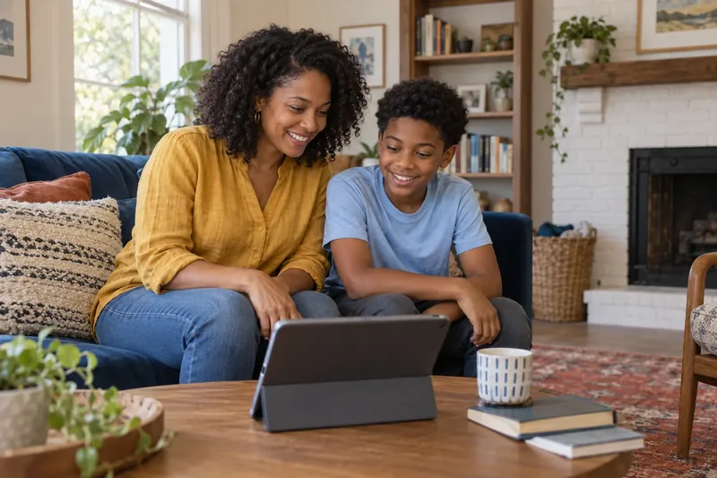 A parent and child looking at a tablet together on the sofa