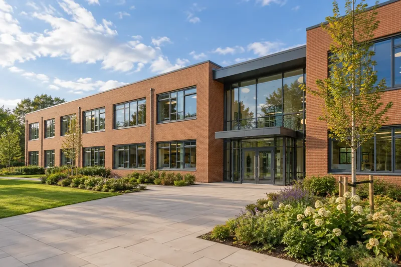 A modern brick school building with large windows