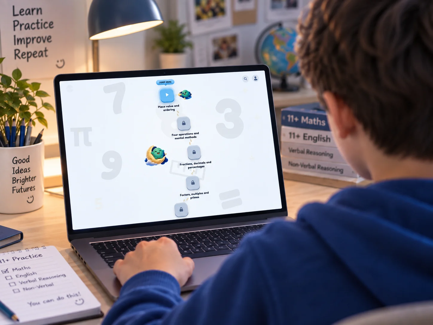 A boy at a laptop following the Ilmino 11+ learning tree