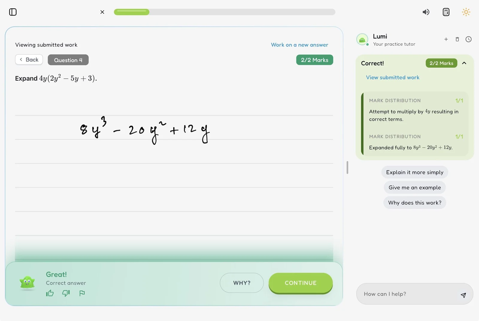 Ilmino practice mode: a handwritten expansion of 4y(2y² − 5y + 3) marked 2 out of 2, with Lumi showing the mark distribution