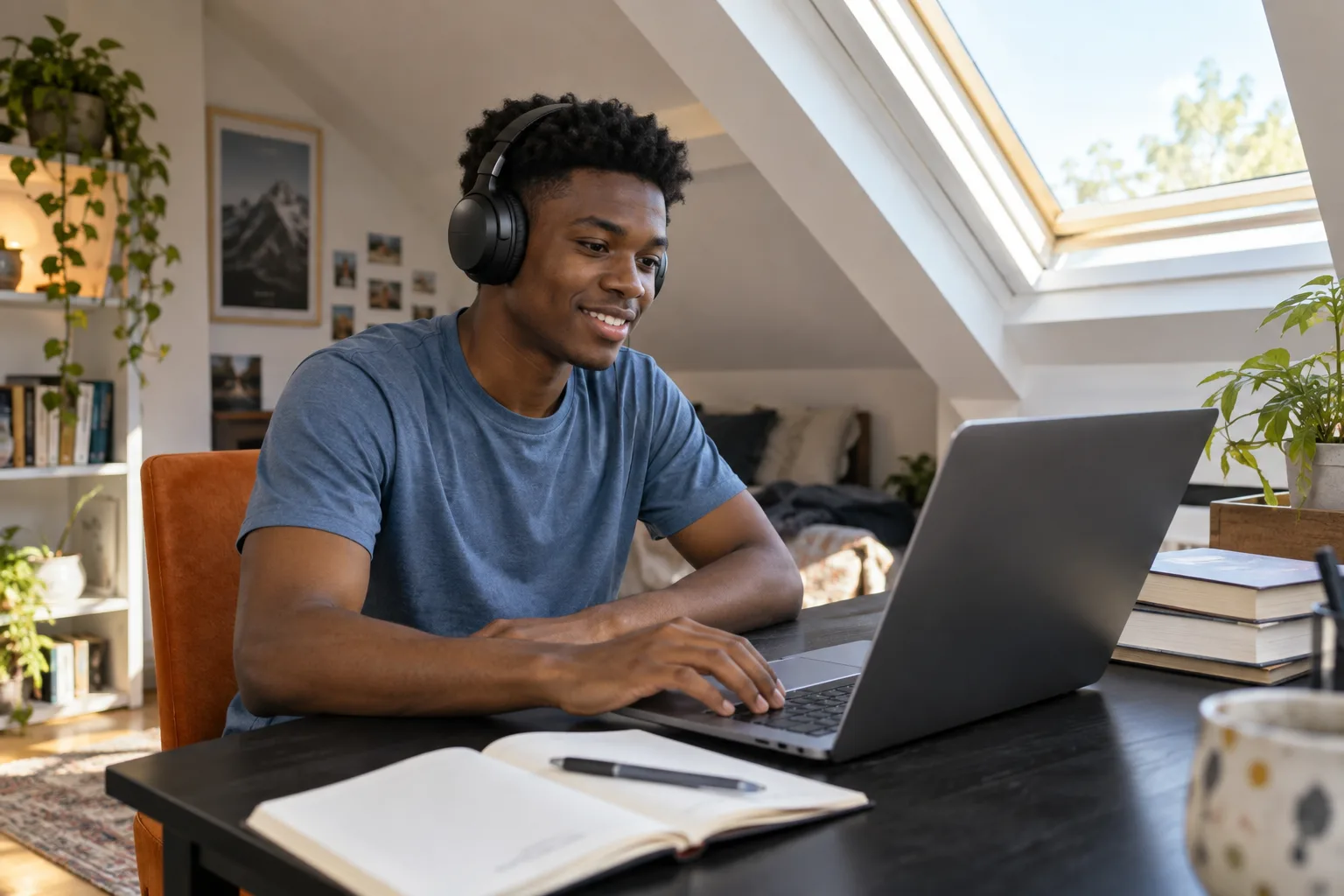 A GCSE student working on a laptop with headphones on