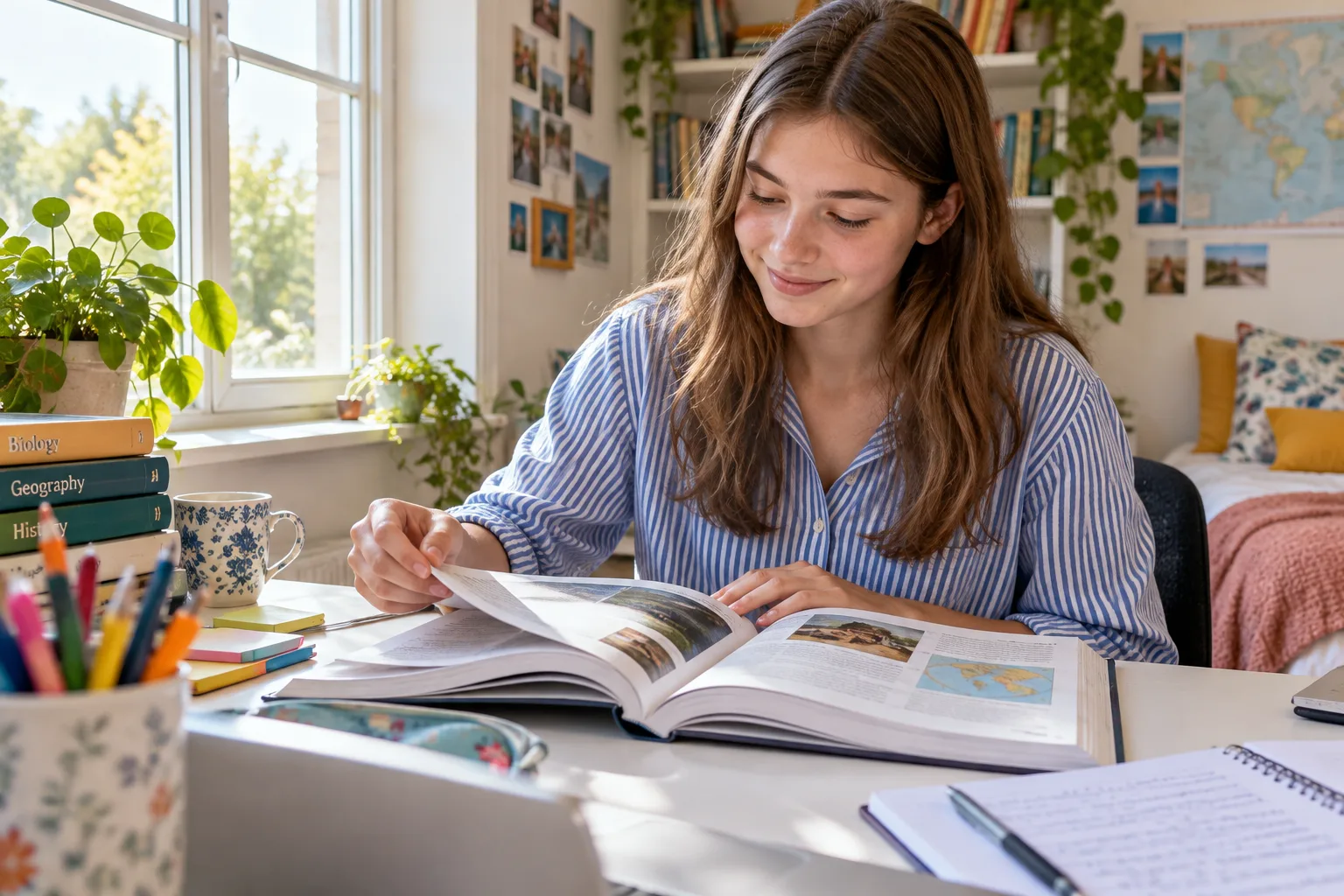 A student reading an open textbook at a desk by a window