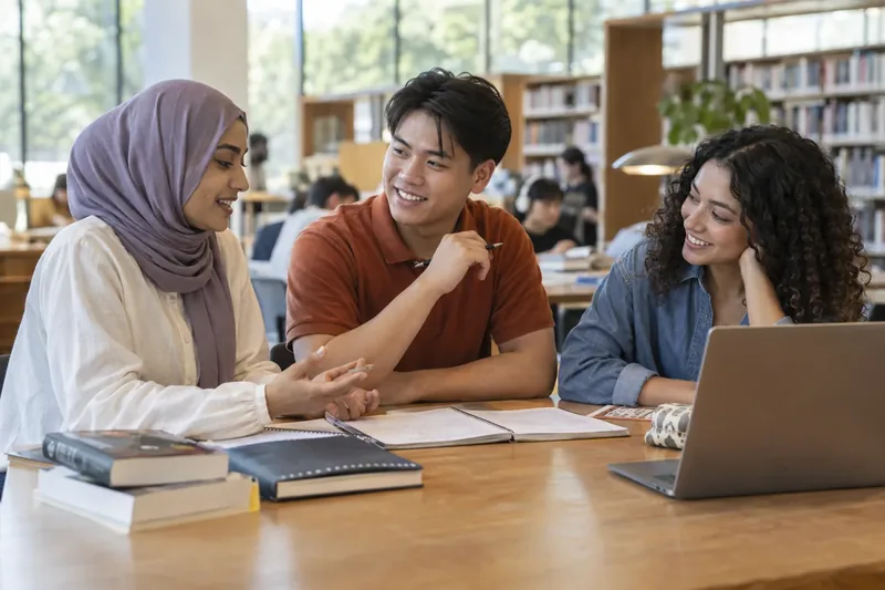 Three students studying together in a library